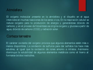 El oxígeno molecular presente en la atmósfera y el disuelto en el agua
interviene en muchas reacciones de los seres vivos. En la respiración celular se
reduce oxígeno para la producción de energía y generándose dióxido de
carbono, y en el proceso defotosíntesisseoriginaoxígeno y glucosaapartir de
agua, dióxido decarbono (CO2) y radiación solar.
Atmósfera
Cortezaterrestre
El carácter oxidante del oxígeno provoca que algunos elementos estén más o
menos disponibles. La oxidación de sulfuros para dar sulfatos los hace más
solubles, al igual que la oxidación de iones amonio a nitratos. Asimismo
disminuye la solubilidad de algunos elementos metálicos como el hierro al
formarseóxidosinsolubles.
 