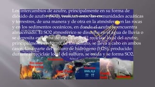 Los intercambios de azufre, principalmente en su forma de
dióxido de azufre (SO2), realizan entre las comunidades acuáticas
y terrestres, de una manera y de otra en la atmósfera, en las rocas
y en los sedimentos oceánicos, en donde el azufre se encuentra
almacenado. El SO2 atmosférico se disuelve en el agua de lluvia o
se deposita en forma de vapor seco. El reciclaje local del azufre,
principalmente en forma de ion sulfato, se lleva a cabo en ambos
casos. Una parte del sulfuro de hidrógeno (H2S), producido
durante el reciclaje local del sulfuro, se oxida y se forma SO2.
 
