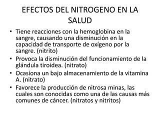 EFECTOS DEL NITROGENO EN LA
SALUD
• Tiene reacciones con la hemoglobina en la
sangre, causando una disminución en la
capacidad de transporte de oxígeno por la
sangre. (nitrito)
• Provoca la disminución del funcionamiento de la
glándula tiroidea. (nitrato)
• Ocasiona un bajo almacenamiento de la vitamina
A. (nitrato)
• Favorece la producción de nitrosa minas, las
cuales son conocidas como una de las causas más
comunes de cáncer. (nitratos y nitritos)
 