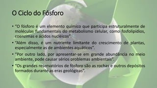 O Ciclo do Fósforo
• “O fósforo é um elemento químico que participa estruturalmente de
moléculas fundamentais do metabolismo celular, como fosfolipídios,
coenzimas e ácidos nucléicos”.
• “Além disso, é um nutriente limitante do crescimento de plantas,
especialmente as de ambientes aquáticos”.
• “Por outro lado, por apresentar-se em grande abundância no meio
ambiente, pode causar sérios problemas ambientais”.
• “Os grandes reservatórios de fósforo são as rochas e outros depósitos
formados durante as eras geológicas”.
 