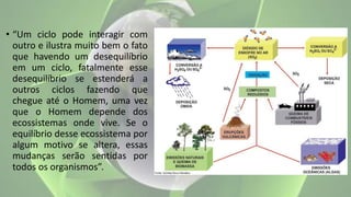 • “Um ciclo pode interagir com
outro e ilustra muito bem o fato
que havendo um desequilíbrio
em um ciclo, fatalmente esse
desequilíbrio se estenderá a
outros ciclos fazendo que
chegue até o Homem, uma vez
que o Homem depende dos
ecossistemas onde vive. Se o
equilíbrio desse ecossistema por
algum motivo se altera, essas
mudanças serão sentidas por
todos os organismos”.
 