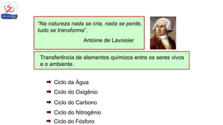 Transferência de elementos químicos entre os seres vivos
e o ambiente.
Ciclo da Água
Ciclo do Oxigênio
Ciclo do Carbono
Ciclo do Nitrogênio
“Na natureza nada se cria, nada se perde,
tudo se transforma”.
Antoine de Lavoisier
Ciclo do Fósforo
 