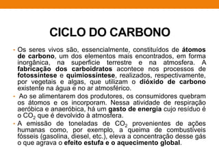CICLO DO CARBONO
• Os seres vivos são, essencialmente, constituídos de átomos
de carbono, um dos elementos mais encontrados, em forma
inorgânica, na superficie terrestre e na atmosfera. A
fabricação dos carboidratos acontece nos processos de
fotossíntese e quimiossíntese, realizados, respectivamente,
por vegetais e algas, que utilizam o dióxido de carbono
existente na água e no ar atmosférico.
• Ao se alimentarem dos produtores, os consumidores quebram
os átomos e os incorporam. Nessa atividade de respiração
aeróbica e anaeróbica, há um gasto de energia cujo resíduo é
o CO2 que é devolvido à atmosfera.
• A emissão de toneladas de CO2 provenientes de ações
humanas como, por exemplo, a queima de combustíveis
fósseis (gasolina, diesel, etc.), eleva a concentração desse gás
o que agrava o efeito estufa e o aquecimento global.
 