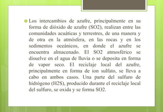  Los intercambios de azufre, principalmente en su
forma de dióxido de azufre (SO2), realizan entre las
comunidades acuáticas y terrestres, de una manera y
de otra en la atmósfera, en las rocas y en los
sedimentos oceánicos, en donde el azufre se
encuentra almacenado. El SO2 atmosférico se
disuelve en el agua de lluvia o se deposita en forma
de vapor seco. El reciclaje local del azufre,
principalmente en forma de ion sulfato, se lleva a
cabo en ambos casos. Una parte del sulfuro de
hidrógeno (H2S), producido durante el reciclaje local
del sulfuro, se oxida y se forma SO2.
 