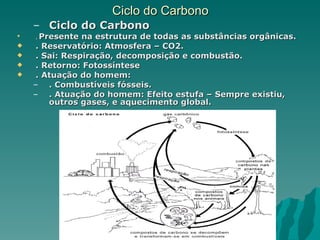 Ciclo do Carbono
    – Ciclo do Carbono

    . Presente na estrutura de todas as substâncias orgânicas.
    . Reservatório: Atmosfera – CO2.
    . Sai: Respiração, decomposição e combustão.
    . Retorno: Fotossíntese
    . Atuação do homem:
    – . Combustíveis fósseis.
    – . Atuação do homem: Efeito estufa – Sempre existiu,
        outros gases, e aquecimento global.
 