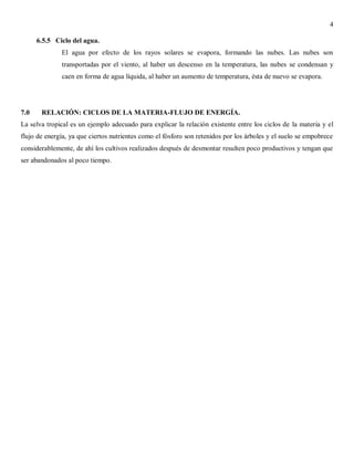 4
6.5.5 Ciclo del agua.
El agua por efecto de los rayos solares se evapora, formando las nubes. Las nubes son
transportadas por el viento, al haber un descenso en la temperatura, las nubes se condensan y
caen en forma de agua líquida, al haber un aumento de temperatura, ésta de nuevo se evapora.

7.0

RELACIÓN: CICLOS DE LA MATERIA-FLUJO DE ENERGÍA.

La selva tropical es un ejemplo adecuado para explicar la relación existente entre los ciclos de la materia y el
flujo de energía, ya que ciertos nutrientes como el fósforo son retenidos por los árboles y el suelo se empobrece
considerablemente, de ahí los cultivos realizados después de desmontar resulten poco productivos y tengan que
ser abandonados al poco tiempo.

 