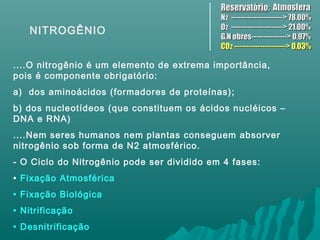 NITROGÊNIO
....O nitrogênio é um elemento de extrema importância,
pois é componente obrigatório:
a) dos aminoácidos (formadores de proteínas);
b) dos nucleotídeos (que constituem os ácidos nucléicos –
DNA e RNA)
....Nem seres humanos nem plantas conseguem absorver
nitrogênio sob forma de N2 atmosférico.
- O Ciclo do Nitrogênio pode ser dividido em 4 fases:
• Fixação Atmosférica
• Fixação Biológica
• Nitrificação
• Desnitrificação
ReservatórioReservatório: Atmosfera: Atmosfera
NN22 ----------------------> 78,00%----------------------> 78,00%
OO22 ----------------------> 21,00%----------------------> 21,00%
G.N obres---------------> 0,97%G.N obres---------------> 0,97%
COCO22 ----------------------> 0,03%----------------------> 0,03%
 