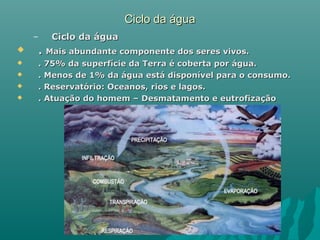 Ciclo da águaCiclo da água
– Ciclo da águaCiclo da água
 .. Mais abundante componente dos seres vivos.Mais abundante componente dos seres vivos.
 . 75% da superfície da Terra é coberta por água.. 75% da superfície da Terra é coberta por água.
 . Menos de 1% da água está disponível para o consumo.. Menos de 1% da água está disponível para o consumo.
 . Reservatório: Oceanos, rios e lagos.. Reservatório: Oceanos, rios e lagos.
 . Atuação do homem – Desmatamento e eutrofização. Atuação do homem – Desmatamento e eutrofização
 