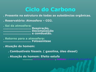 Ciclo do Carbono
. Presente na estrutura de todas as substâncias orgânicas.
. Reservatório: Atmosfera – CO2.
. Sai da atmosfera:
............................. Respiração,
............................. Decomposição
............................. e combustão.
. Retorno para a atmosfera:
............................. Fotossíntese
. Atuação do homem:
. Combustíveis fósseis. ( gasolina, óleo diesel)
. Atuação do homem: Efeito estufa
.............dióxido de carbono, metano e óxido de nitrogênio
 