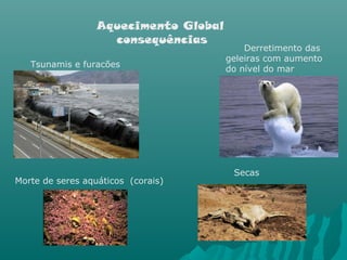 Aquecimento Global
consequências
Morte de seres aquáticos (corais)
Tsunamis e furacões
Secas
Derretimento das
geleiras com aumento
do nível do mar
 