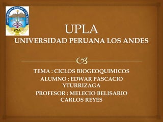 TEMA : CICLOS BIOGEOQUIMICOS
ALUMNO : EDWAR PASCACIO
YTURRIZAGA
PROFESOR : MELECIO BELISARIO
CARLOS REYES
 