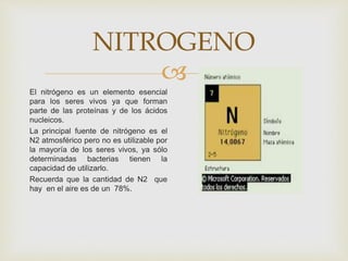 
NITROGENO
El nitrógeno es un elemento esencial
para los seres vivos ya que forman
parte de las proteínas y de los ácidos
nucleicos.
La principal fuente de nitrógeno es el
N2 atmosférico pero no es utilizable por
la mayoría de los seres vivos, ya sólo
determinadas bacterias tienen la
capacidad de utilizarlo.
Recuerda que la cantidad de N2 que
hay en el aire es de un 78%.
 