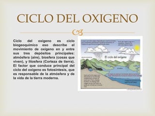 
CICLO DEL OXIGENO
Ciclo del oxígeno es ciclo
biogeoquímico eso describe el
movimiento de oxígeno en y entre
sus tres depósitos principales:
atmósfera (aire), biosfera (cosas que
viven), y litosfera (Corteza de tierra).
El factor que conduce principal del
ciclo del oxígeno es fotosíntesis, que
es responsable de la atmósfera y de
la vida de la tierra moderna.
 