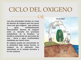 
CICLO DEL OXIGENO
Las tres principales fuentes no vivas
de átomos de oxigeno para los seres
vivos son gas oxigeno, gas carbono
y agua, constantemente
intercambian átomos de oxigeno
entre si, durante los procesos
metabólicos de la biosfera. La
biosfera comprende las porciones de
mar , tierra y agua continentales
habitadas por seres vivos.
El oxigeno puede ser encontrado en
la atmosfera bajo varias formas, el
oxigeno es el elemento mas
abundante en la corteza terrestre y
en los océanos.
 