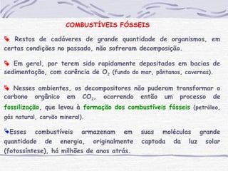 COMBUSTÍVEIS FÓSSEIS
 Restos de cadáveres de grande quantidade de organismos, em
certas condições no passado, não sofreram decomposição.
 Em geral, por terem sido rapidamente depositados em bacias de
sedimentação, com carência de O2 (fundo do mar, pântanos, cavernas).
 Nesses ambientes, os decompositores não puderam transformar o
carbono orgânico em CO2, ocorrendo então um processo de
fossilização, que levou à formação dos combustíveis fósseis (petróleo,
gás natural, carvão mineral).
Esses combustíveis armazenam em suas moléculas grande
quantidade de energia, originalmente captada da luz solar
(fotossíntese), há milhões de anos atrás.
 