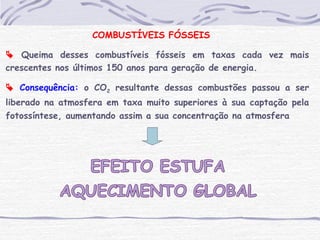 COMBUSTÍVEIS FÓSSEIS
 Queima desses combustíveis fósseis em taxas cada vez mais
crescentes nos últimos 150 anos para geração de energia.
 Consequência: o CO2 resultante dessas combustões passou a ser
liberado na atmosfera em taxa muito superiores à sua captação pela
fotossíntese, aumentando assim a sua concentração na atmosfera
 