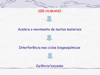 SER HUMANO
Acelera o movimento de muitos materiais
Interferência nos ciclos biogeoquímicos
Carência/excesso
 
