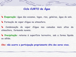 Ciclo CURTO da Água
 Evaporação: água dos oceanos, lagos, rios, geleiras, água do solo.
 Formação de vapor d’água na atmosfera.
 Condensação do vapor d’água nas camadas mais altas da
atmosfera, formando nuvens.
 Precipitação: retorno à superfície terrestre, sob a forma líquida
ou sólida.
Obs: não ocorre a participação propriamente dita dos seres vivos.
 