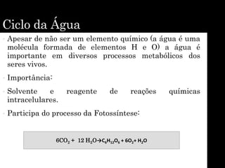 Ciclo da Água
• Apesar de não ser um elemento químico (a água é uma
molécula formada de elementos H e O) a água é
importante em diversos processos metabólicos dos
seres vivos.
• Importância:
• Solvente e reagente de reações químicas
intracelulares.
• Participa do processo da Fotossíntese:
6CO2 + 12 H2O→C6H12O6 + 6O2+ H2O
 