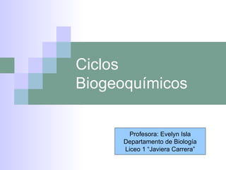 Ciclos
Biogeoquímicos


        Profesora: Evelyn Isla
      Departamento de Biología
      Liceo 1 “Javiera Carrera”
 