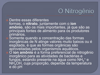  Dentre essas diferentes
  formas, o nitrato, juntamente com o íon
  amônio, são os mais importantes, já que são as
  principais fontes de alimento para os produtores
  primários.
 Somente quando a concentração das formas
  inorgânicas de N atinge valores muito baixos ou é
  esgotada, é que as formas orgânicas são
  aproveitadas pelos organismos aquáticos.
 O íon amônio é a forma preferencial de nitrogênio
  inorgânico para as atividades de bactérias e
  fungos, estando presente na água como NH4+ e
  NH4OH, cuja proporção, depende da temperatura
  e do pH
 