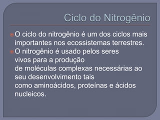 O   ciclo do nitrogênio é um dos ciclos mais
  importantes nos ecossistemas terrestres.
 O nitrogênio é usado pelos seres
  vivos para a produção
  de moléculas complexas necessárias ao
  seu desenvolvimento tais
  como aminoácidos, proteínas e ácidos
  nucleicos.
 