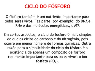 CICLO DO FÓSFORO
O fósforo também é um nutriente importante para
todos seres vivos. Faz parte, por exemplo, do DNA e
RNA e das moléculas energéticas, o ATP
.
Em certos aspectos, o ciclo do fósforo é mais simples
do que os ciclos do carbono e do nitrogênio, pois
ocorre em menor número de formas químicas. Outra
razão para a simplicidade do ciclo do fósforo é a
existência de apenas um composto de fósforo
realmente importante para os seres vivos: o íon
fosfato (PO4).
 
