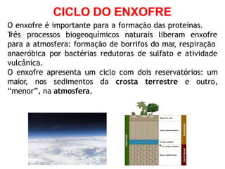 CICLO DO ENXOFRE
O enxofre é importante para a formação das proteínas.
T
rês processos biogeoquímicos naturais liberam enxofre
para a atmosfera: formação de borrifos do mar, respiração
anaeróbica por bactérias redutoras de sulfato e atividade
vulcânica.
O enxofre apresenta um ciclo com dois reservatórios: um
maior, nos sedimentos da crosta terrestre e outro,
“menor”, na atmosfera.
 