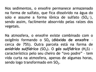 Nos sedimentos, o enxofre permanece armazenado
na forma de sulfato, que fica dissolvido na água do
solo e assume a forma iônica de sulfato (SO4
--),
sendo assim, facilmente absorvido pelas raízes dos
vegetais.
Na atmosfera, o enxofre existe combinado com o
oxigênio formando o SO2 (dióxido de enxofre –
cerca de 75%). Outra parcela está na forma de
anidrido sulfídrico (SO3). O gás sulfídrico (H2S) -
característico pelo seu cheiro de “ovo podre” – tem
vida curta na atmosfera, apenas de algumas horas,
sendo logo transformado em SO2.
 