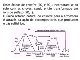 Esses óxidos de enxofre (SO2 e SO3) incorporam-se ao
solo com as chuvas, sendo então transformado em
íons de sulfato (SO4
--).
O único retorno natural do enxofre para a atmosfera
é através da ação de decompositores que produzem
o gás sulfídrico.
 