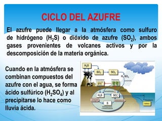 El azufre puede llegar a la atmósfera como sulfuro
de hidrógeno (H2S) o dióxido de azufre (SO2), ambos
gases provenientes de volcanes activos y por la
descomposición de la materia orgánica.
CICLO DEL AZUFRE
Cuando en la atmósfera se
combinan compuestos del
azufre con el agua, se forma
ácido sulfúrico (H2SO4) y al
precipitarse lo hace como
lluvia ácida.
 