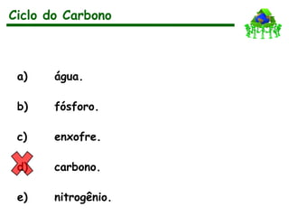 a) água.
b) fósforo.
c) enxofre.
d) carbono.
e) nitrogênio.
Ciclo do Carbono
 