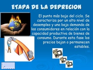 ETAPA DE LA DEPRECION
          El punto más bajo del ciclo. Se
         caracteriza por un alto nivel de
       desempleo y una baja demanda de
     los consumidores en relación con la
      capacidad productiva de bienes de
         consumo. Durante esta fase los
             precios bajan o permanecen
                                estables.
 