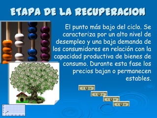ETAPA DE LA RECUPERACION
            El punto más bajo del ciclo. Se
           caracteriza por un alto nivel de
         desempleo y una baja demanda de
       los consumidores en relación con la
        capacidad productiva de bienes de
           consumo. Durante esta fase los
               precios bajan o permanecen
                                  estables.
 