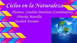 Ciclos en la Naturaleza.
Alumnas: Catalina Mateluna (Coordinadora).
Ninoska Mancilla.
Scarleth Araneda.
 