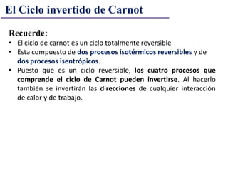 El Ciclo invertido de Carnot
Recuerde:
• El ciclo de carnot es un ciclo totalmente reversible
• Esta compuesto de dos procesos isotérmicos reversibles y de
dos procesos isentrópicos.
• Puesto que es un ciclo reversible, los cuatro procesos que
comprende el ciclo de Carnot pueden invertirse. Al hacerlo
también se invertirán las direcciones de cualquier interacción
de calor y de trabajo.
 