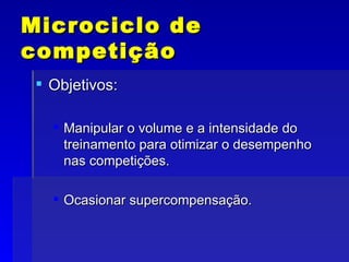 Microciclo de competição Objetivos: Manipular o volume e a intensidade do treinamento para otimizar o desempenho nas competições. Ocasionar supercompensação. 