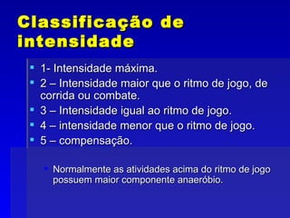 Classificação de intensidade 1- Intensidade máxima. 2 – Intensidade maior que o ritmo de jogo, de corrida ou combate. 3 – Intensidade igual ao ritmo de jogo. 4 – intensidade menor que o ritmo de jogo. 5 – compensação. Normalmente as atividades acima do ritmo de jogo possuem maior componente anaeróbio. 