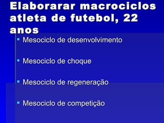Elaborarar macrociclos atleta de futebol, 22 anos Mesociclo de desenvolvimento Mesociclo de choque Mesociclo de regeneração Mesociclo de competição 