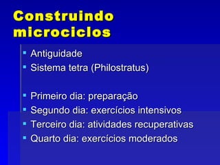 Construindo microciclos Antiguidade Sistema tetra (Philostratus) Primeiro dia: preparação Segundo dia: exercícios intensivos Terceiro dia: atividades recuperativas Quarto dia: exercícios moderados 
