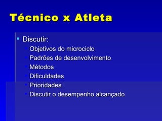 Técnico x Atleta Discutir: Objetivos do microciclo Padrões de desenvolvimento Métodos Dificuldades Prioridades Discutir o desempenho alcançado 