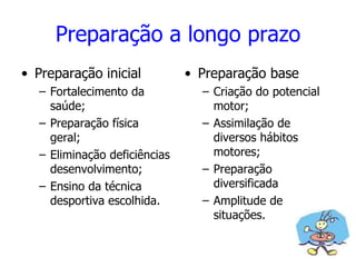 Preparação a longo prazo
• Preparação inicial
– Fortalecimento da
saúde;
– Preparação física
geral;
– Eliminação deficiências
desenvolvimento;
– Ensino da técnica
desportiva escolhida.
• Preparação base
– Criação do potencial
motor;
– Assimilação de
diversos hábitos
motores;
– Preparação
diversificada
– Amplitude de
situações.
 