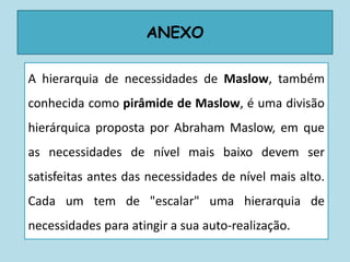 ANEXO
A hierarquia de necessidades de Maslow, também
conhecida como pirâmide de Maslow, é uma divisão
hierárquica proposta por Abraham Maslow, em que
as necessidades de nível mais baixo devem ser
satisfeitas antes das necessidades de nível mais alto.
Cada um tem de "escalar" uma hierarquia de
necessidades para atingir a sua auto-realização.
 