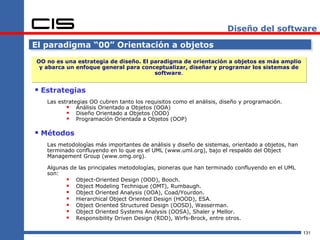 Diseño del software

El paradigma “00” Orientación a objetos
OO no es una estrategia de diseño. El paradigma de orientación a objetos es más amplio
 y abarca un enfoque general para conceptualizar, diseñar y programar los sistemas de
                                       software.


 Estrategias
   Las estrategias OO cubren tanto los requisitos como el análisis, diseño y programación.
           Análisis Orientado a Objetos (OOA)
           Diseño Orientado a Objetos (OOD)
           Programación Orientada a Objetos (OOP)

 Métodos
   Las metodologías más importantes de análisis y diseño de sistemas, orientado a objetos, han
   terminado confluyendo en lo que es el UML (www.uml.org), bajo el respaldo del Object
   Management Group (www.omg.org).

   Algunas de las principales metodologías, pioneras que han terminado confluyendo en el UML
   son:
          Object-Oriented Design (OOD), Booch.
          Object Modeling Technique (OMT), Rumbaugh.
          Object Oriented Analysis (OOA), Coad/Yourdon.
          Hierarchical Object Oriented Design (HOOD), ESA.
          Object Oriented Structured Design (OOSD), Wasserman.
          Object Oriented Systems Analysis (OOSA), Shaler y Mellor.
          Responsibility Driven Design (RDD), Wirfs-Brock, entre otros.

                                                                                                 131
 