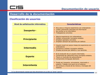Documentación de usuario

Desarrollo de la documentación

Clasificación de usuarios

     Nivel de sofisticación informática                                                Características

                                                                       Muy poca o ninguna experiencia con ordenadores
                                                                       Tratan volúmenes reducidos de información
                    Inexperto[1]                                       No confían en la informática
                                                                       Trabajadores concretos

                                                                       Alguna experiencia con ordenadores
                                                                       Pueden comprender conceptos aislados
                   Principiante                                        Emplean ejemplos concretos
                                                                       Emplean siempre las opciones por defecto

                                                                     Usuario novel con pocos meses de experiencia con
                                                                        ordenadores
                    Intermedio                                       Comienza a enlazar conceptos aislados
                                                                     Emplea acciones por defecto y sus opciones.

                                                                       Es la evolución de un usuario intermedio.
                                                                       Comprende las relaciones entre conceptos aislados.
                       Experto                                         Tiene un nivel alto de autoconfianza.
                                                                       Comprende el lenguaje abstracto

                                                                     Puede ser inexperto, principiante, intermedio o
                                                                        experto. Trabaja muy poco con el sistema.
                   Intermitente                                      Se conduce a través de los menús y mensajes del
                                                                        sistema

 [1] La denominación original que hace Brockmann en su libro es “lorito” (parrot)
                                                                                                                             147
 