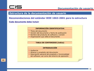 Documentación de usuario

     Estructura de la documentación de usuario

     Recomendaciones del estándar IEEE 1063-2001 para la estructura
     Cada documento debe incluir


                                INFORMACIÓN IDENTIFICATIVA
                         Título del documento
                         Versión del documento y fecha de publicación
                         Nombre del producto de software y versión
                         Organización que edita el documento


                                TABLA DE CONTENIDOS (índice)


                                         INTRODUCCIÓN
                       Audiencia
                       Alcance y propósito del documento
                       Descripción general del propósito y funcionalidad
                          del software, así como del entorno de operación

E3




                                                                                150
 