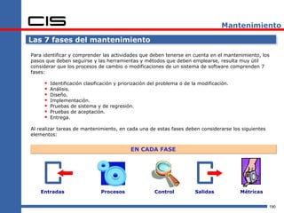 Mantenimiento

Las 7 fases del mantenimiento

Para identificar y comprender las actividades que deben tenerse en cuenta en el mantenimiento, los
pasos que deben seguirse y las herramientas y métodos que deben emplearse, resulta muy útil
considerar que los procesos de cambio o modificaciones de un sistema de software comprenden 7
fases:

        Identificación clasificación y priorización del problema o de la modificación.
        Análisis.
        Diseño.
        Implementación.
        Pruebas de sistema y de regresión.
        Pruebas de aceptación.
        Entrega.

Al realizar tareas de mantenimiento, en cada una de estas fases deben considerarse los siguientes
elementos:


                                            EN CADA FASE




    Entradas                   Procesos               Control           Salidas           Métricas


                                                                                                     190
 
