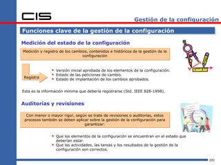 Gestión de la configuración

Funciones clave de la gestión de la configuración

Medición del estado de la configuración
Medición y registro de los cambios, contenidos e históricos de la gestión de la
                                configuración



                Versión inicial aprobada de los elementos de la configuración.
                Estado de las peticiones de cambio.
Registra
                Estado de implantación de los cambios aprobados.

Esta es la información mínima que debería registrarse (Std. IEEE 828-1998).


Auditorías y revisiones

  Con menor o mayor rigor, según se trate de revisiones o auditorías, estos
 procesos también se deben aplicar sobre la gestión de la configuración para
                                garantizar:


                Que los elementos de la configuración se encuentran en el estado que
                  deberían estar.
                Que las actividades, las tareas y los resultados de la gestión de la
                  configuración son correctos.

                                                                                        220
 