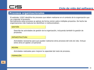 Ciclo de vida del software

     Procesos organizacionales
     El estándar 12207 identifica los procesos que deben realizarse en el contexto de la organización que
     va a ejecutar el proyecto.
     Normalmente estos procesos se aplican de forma común sobre múltiples proyectos. De hecho las
     organizaciones más maduras los identifican e institucionalizan.

      GESTIÓN

         Describe las actividades de gestión de la organización, incluyendo también la gestión de
         proyectos.


      INFRAESTRUCTURA

         Actividades necesarias para que puedan realizarse otros procesos del ciclo de vida. Incluye
         entre otros el capital y el personal.


      MEJORA

         Actividades realizadas para mejorar la capacidad del resto de procesos.

      FORMACIÓN



E1



                                                                                                            34
 