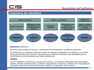 Requisitos del software

Ingeniería de requisitos

                                                                                                      Controlar las
            Obtener información                             Registro y contrastación
                                                                                                     modificaciones

                        Clasificarla, localizar                            Comprobar que son        Registrar cambios,
                        inconsistencias, dar         Escribir los              formalmente         estudiar su impacto,
Obtener información
                        prioridades, pasar a          requisitos           correctos y lo que el        actualizar
                             requisitos                                       cliente quiere         documentación




                                                                            VERIFICACIÓN
  OBTENCIÓN                 ANÁLISIS              ESPECIFICACIÓN                  &                    GESTIÓN
                                                                             VALIDACIÓN



Obtención (elicitation)
El primer paso consiste en conocer y comprender las necesidades y problemas del cliente.
En la obtención se identifican todas las fuentes de requisitos implicadas en el sistema y, en función
de las características del entorno y del proyecto se emplean las técnicas más apropiadas para la
identificación de las necesidades que deben satisfacerse.
Análisis
Una vez obtenida la información necesaria del entorno, es necesario sintetizarla, darle prioridades,
analizar posibles contradicciones o conflictos, descomponer el sistema y distribuir las necesidades de
cada parte, delimitar los límites del sistema y definir su interacción con el entorno.
                                                                                                                      69
 